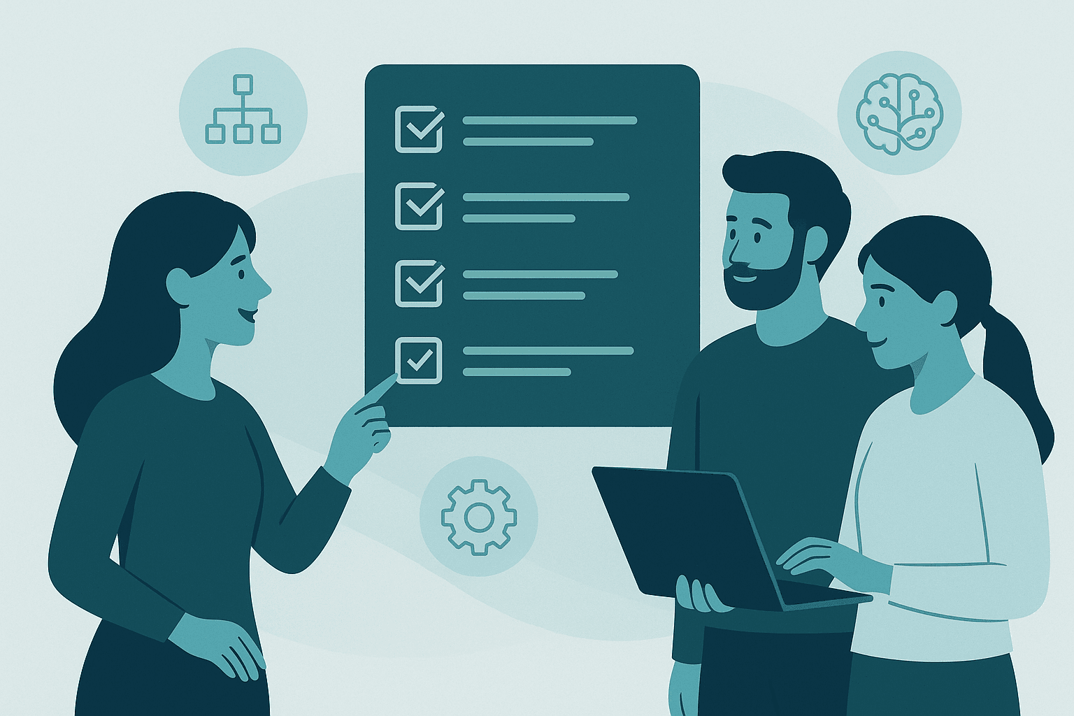 Ilustracion de un equipo de pyme revisando un panel de procesos para decidir si automatizar tareas repetitivas