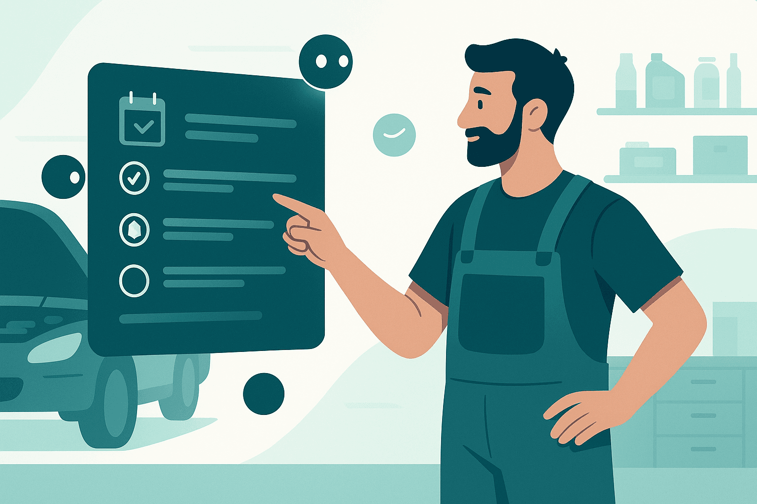 Ilustracion de un mecanico usando un panel digital para gestionar citas automatizadas