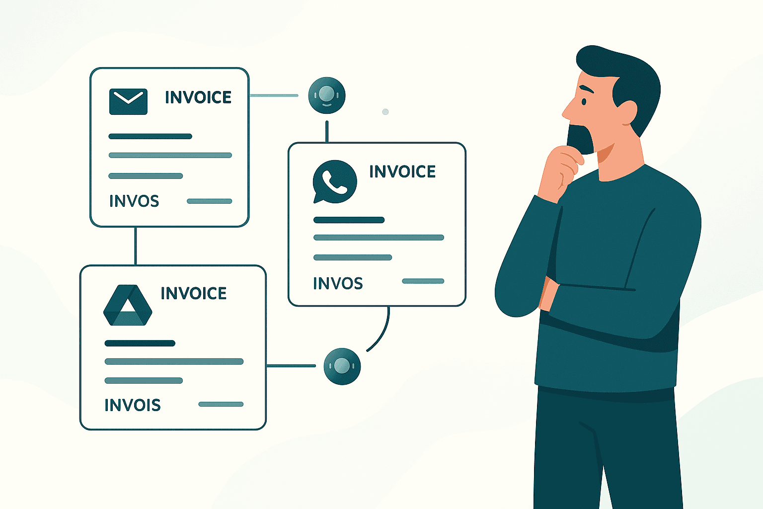 Ilustracion de una persona organizando digitalmente facturas de varios canales