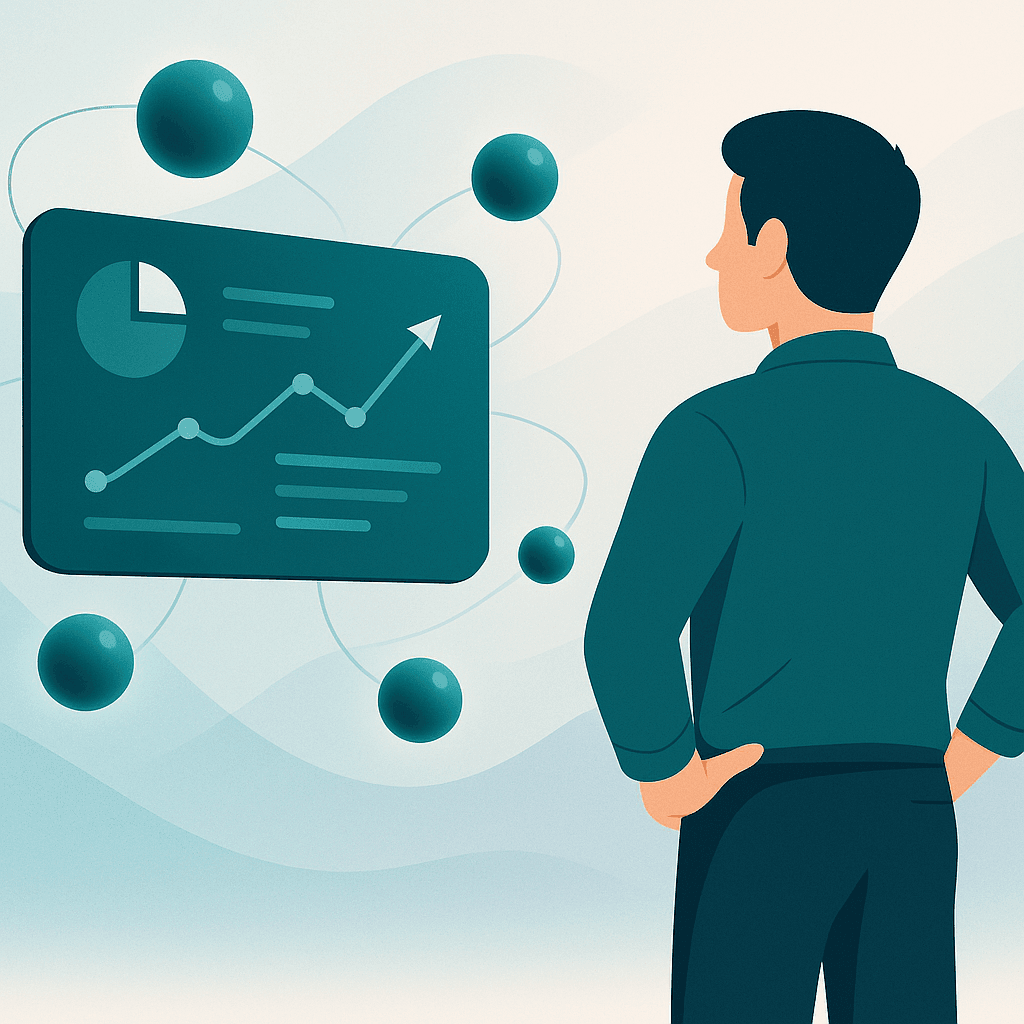 Ilustracion de agentes de IA colaborando con un pequeno negocio mediante paneles digitales